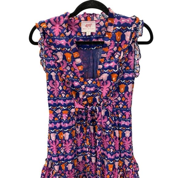 Banjanan Donna Maxi Dress Edwardian Tile Print XS Boho Sleeveless Ruffle Cotton - Picture 4 of 16